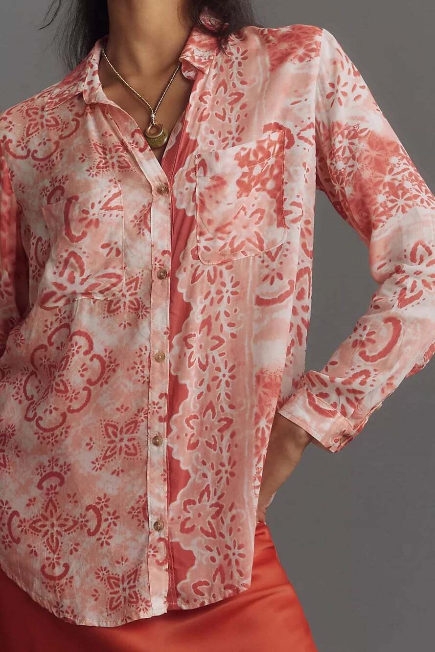 Pilcro Anthropologie Women M The Romy Relaxed Button Down Shirt Pink Floral Top